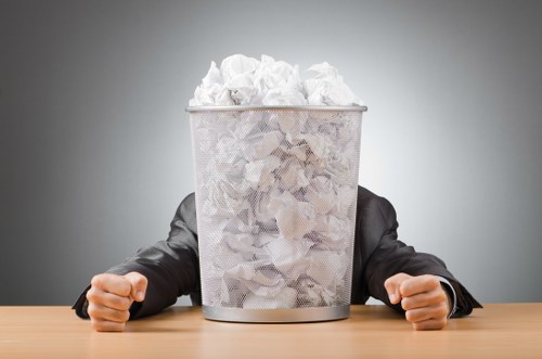 A person wearing a dark suit jacket has their head replaced by a large, cylindrical metal waste bin filled with crumpled white and beige paper waste. The bin is made of perforated metal with a matte silver finish, situating the person's upper body at a desk or table surface. The background is a plain, light grey wall, creating a neutral environment. The papers inside the bin are visibly disorganized, with some crumpled pieces protruding over the rim, emphasizing the accumulation of waste. The person's hands are resting on the desk on either side of the bin, with fingers slightly curled inward, suggesting a neutral or resting position. The scene subtly conveys themes of waste accumulation and rubbish management, aligning with services provided by companies like Commercial Waste Sanderstead, operating within the Sanderstead area or postcode region. This image visually supports the concept of rubbish removal and waste management solutions for local businesses, combining neutral tones with clear obstruction and resourcefulness.